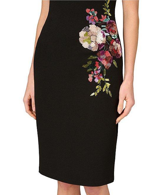 Aidan Mattox Round Neck Sleeveless Beaded Floral Crepe Sheath Dress Product Image