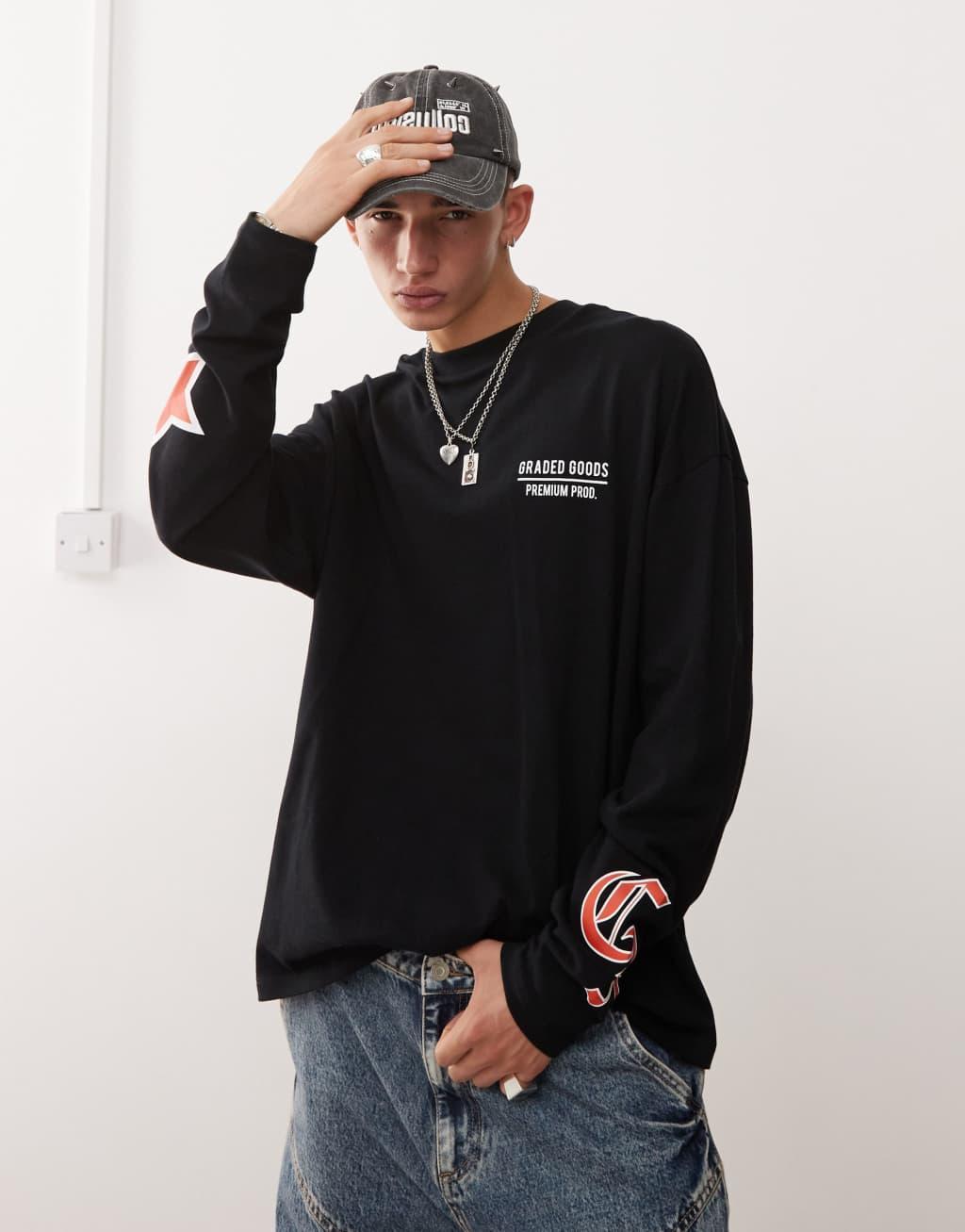 COLLUSION long sleeve heavyweight red graphic T-shirt in black Product Image