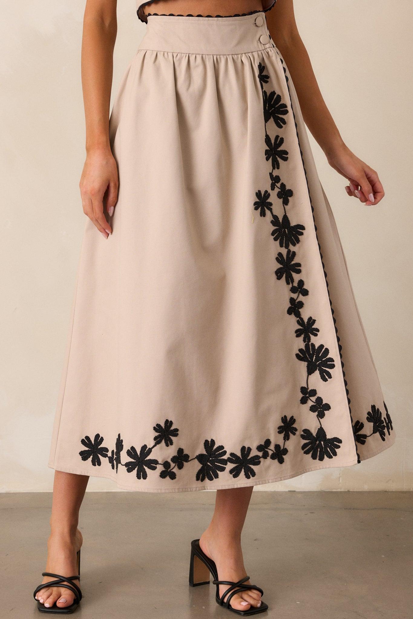 Lovely Blooms Taupe Embroidered Floral Midi Skirt Product Image