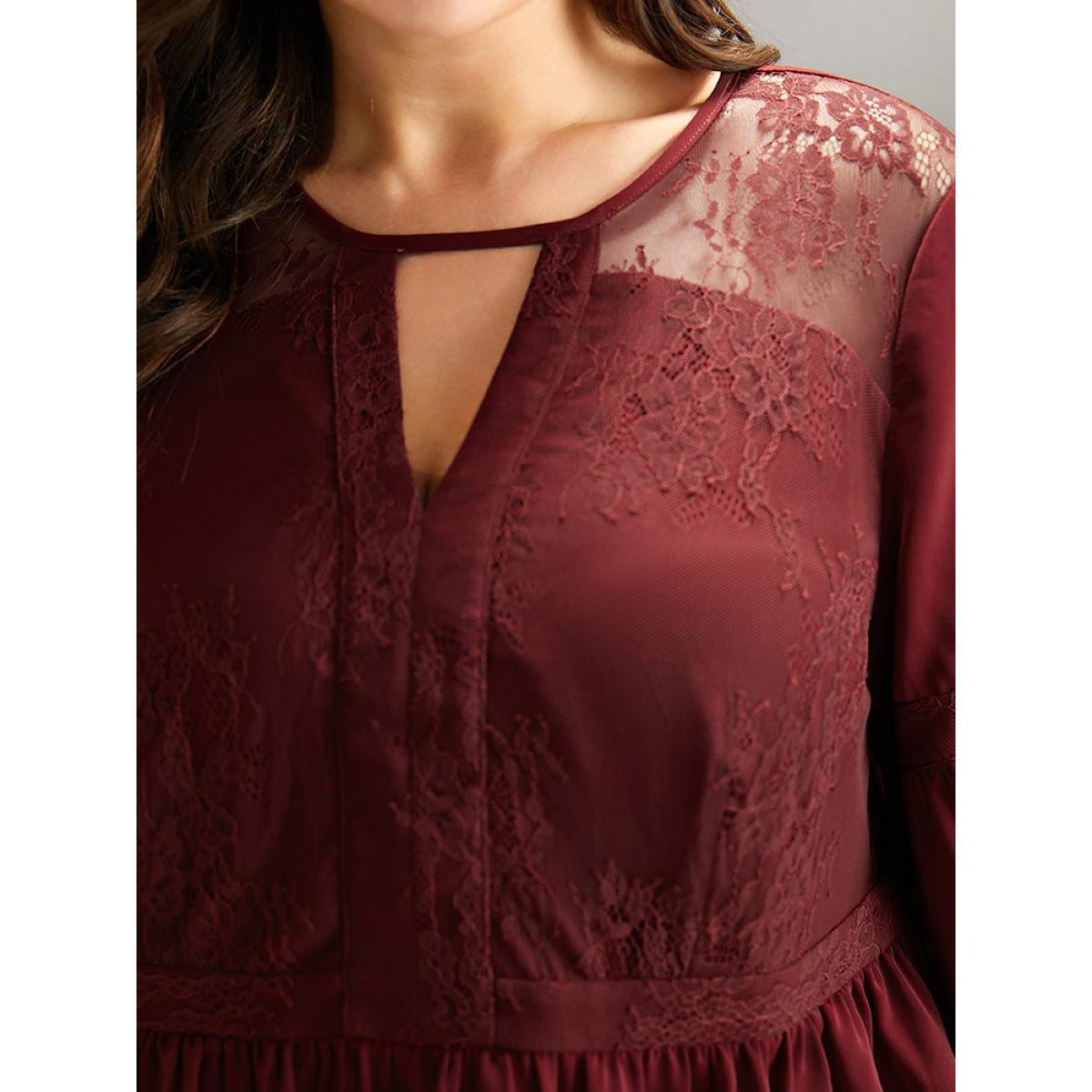 Plus Size Burgundy Anti-Wrinkle Keyhole Crochet Lace Mesh Ruffles Blouse Women Elegant Long Sleeve Keyhole Cut-Out Dailywear Blouses BloomChic 30/6X Product Image