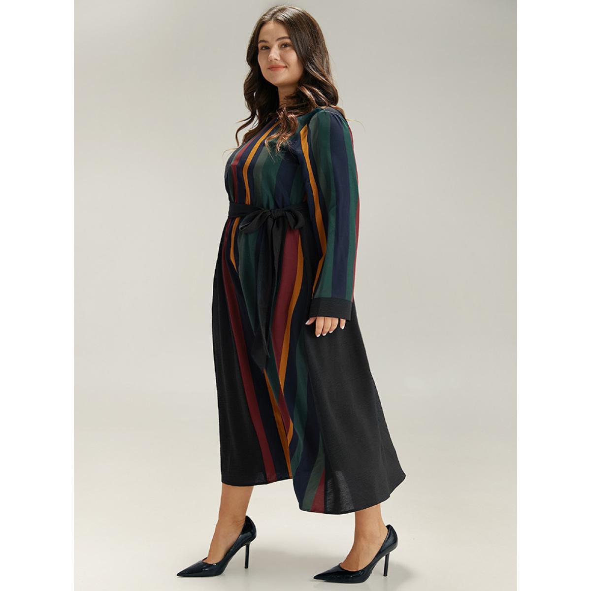 Plus Size Striped Pocket Patchwork Belted Elastic Waist Dress Black Women Office Belted Round Neck Long Sleeve Curvy Midi Dress BloomChic 28/5X Product Image