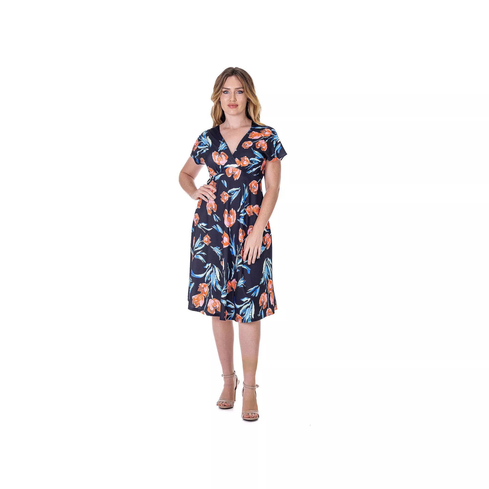 Women's 24Seven Comfort Apparel V Neck Empire Waist Kimono Cap Sleeve Knee Length Dress, Size: Medium, Orange Team Product Image