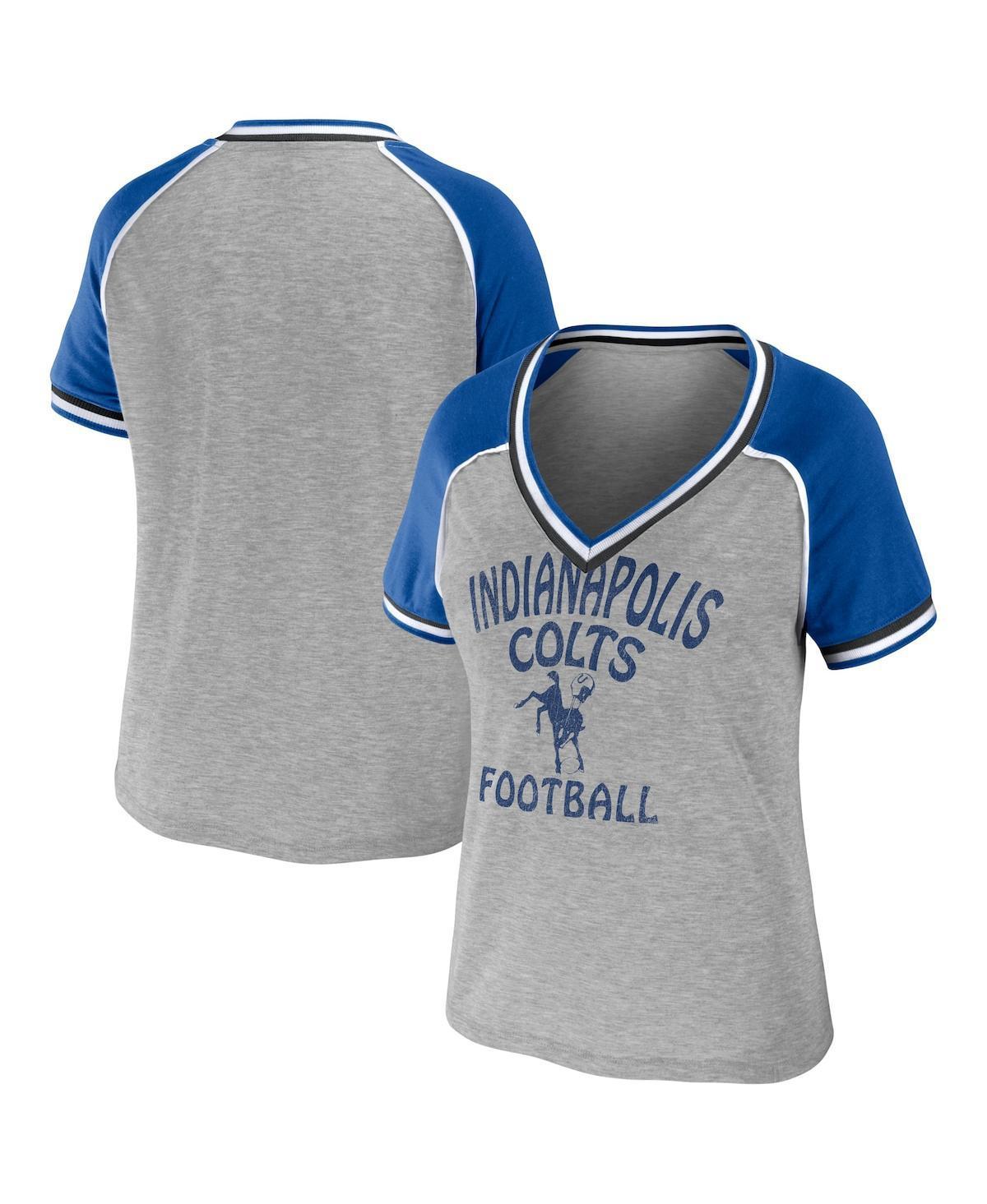 Women's WEAR by Erin Andrews Heather Gray Indianapolis Colts Throwback Raglan V-Neck T-Shirt, Size: XS, Grey Product Image