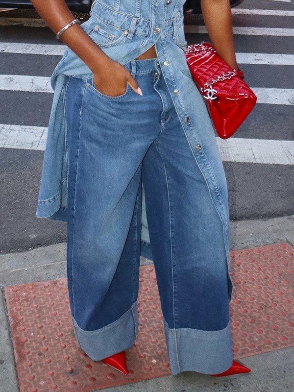 Column Loose Buttoned Solid Color Zipper Jean Pants Bottoms Trousers Product Image