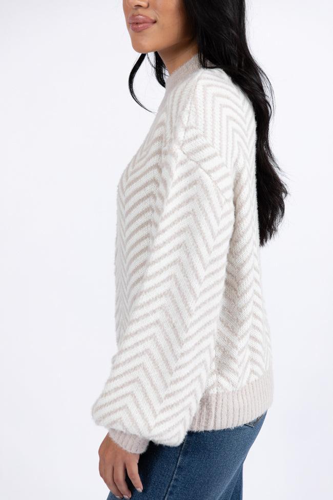 All That You Are Beige Fuzzy Herringbone Mock Neck Sweater SALE Product Image
