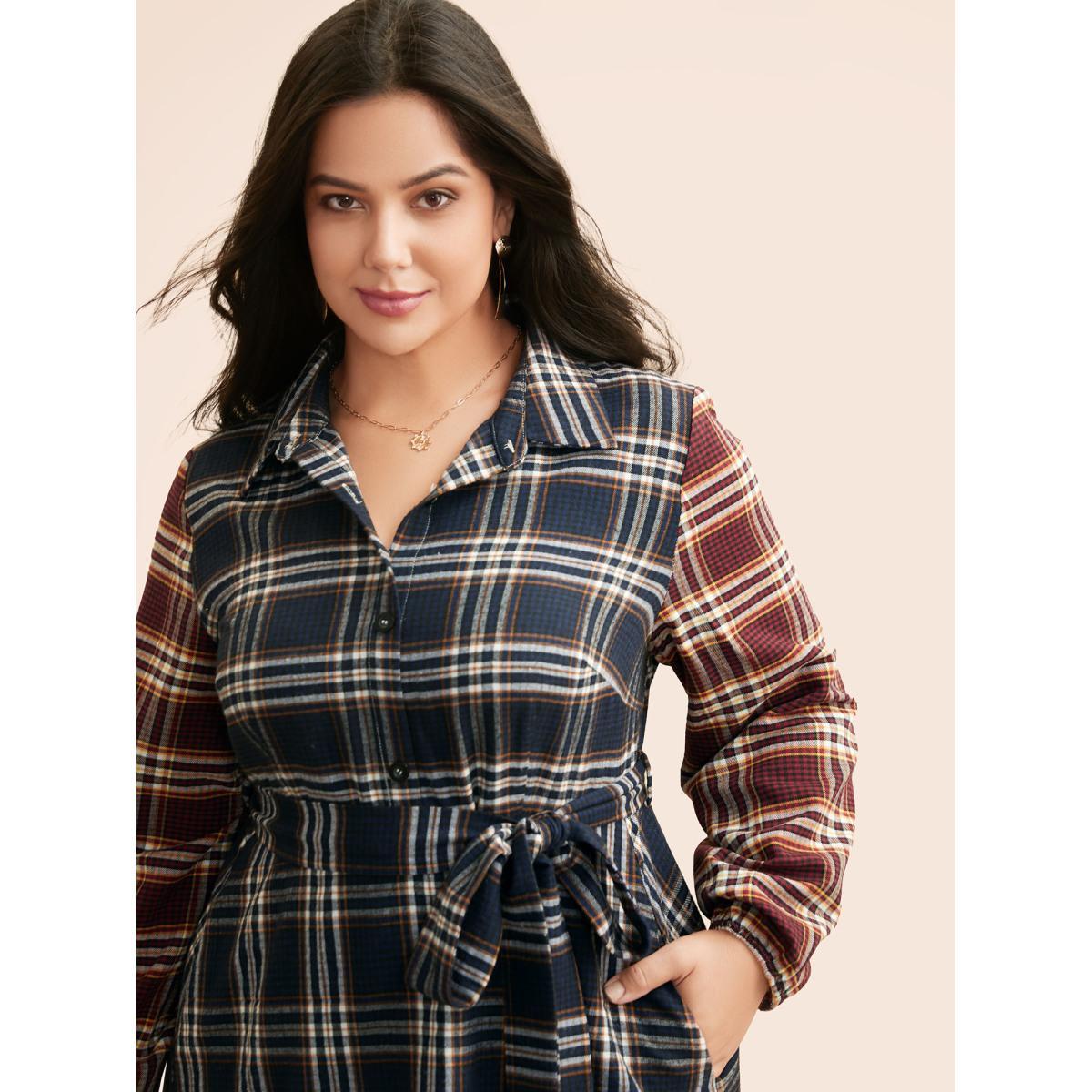Plus Size Shirt Collar Plaid Contrast Belted Dress Multicolor Women Casual Belted Shirt collar Long Sleeve Curvy BloomChic 14-16/1X Product Image