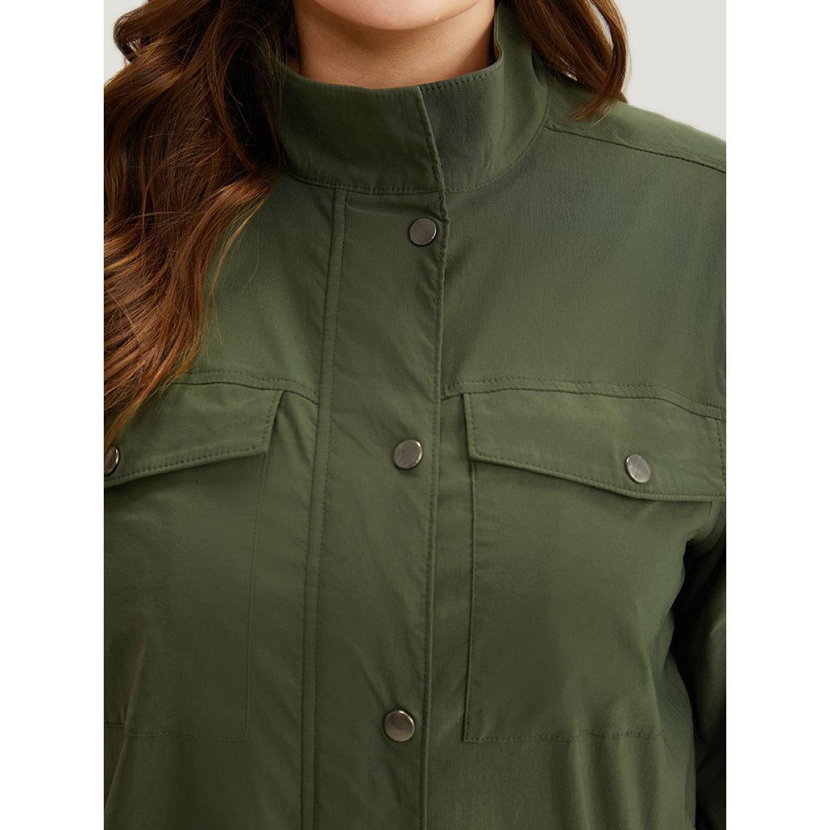 Plus Size Plain Drawstring Hem Zipper Fly Flap Pocket Jacket Women Sage Plain Pocket Everyday Jackets BloomChic 12/L Product Image