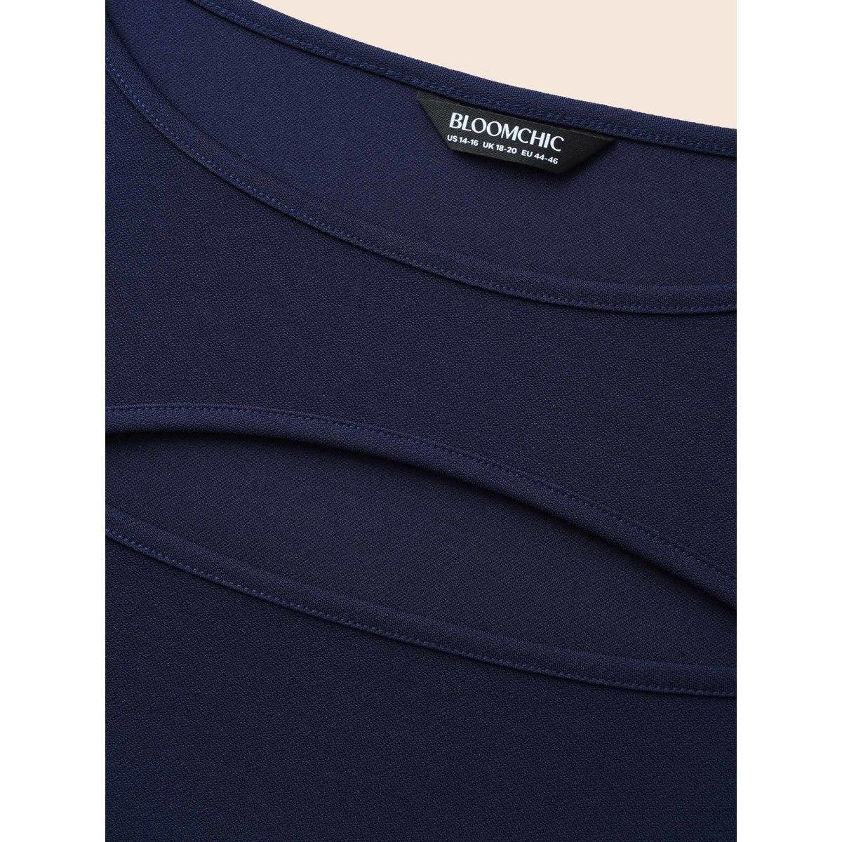 Plus Size Solid Cut Out Split Hem Dress Navy Women At the Office Cut-Out Boat Neck Elbow-length sleeve Curvy BloomChic 18-20/2X Product Image