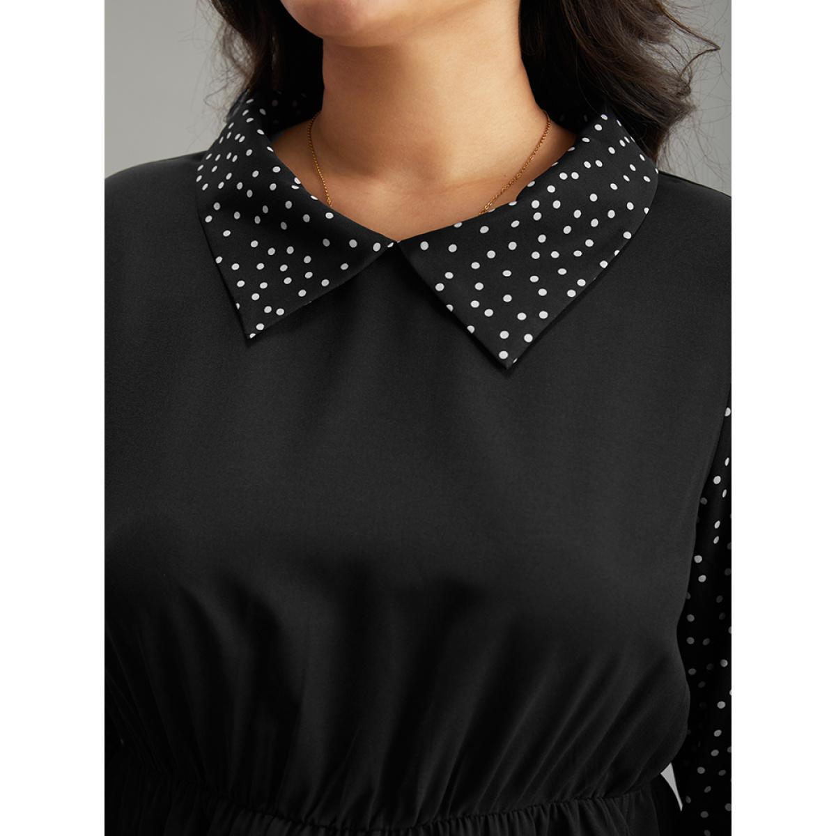 Plus Size Black Polka Dot Patchwork Lapel Collar Elastic Waist Blouse Women At the Office Long Sleeve Lapel Collar Work Blouses BloomChic 14-16/1X Product Image