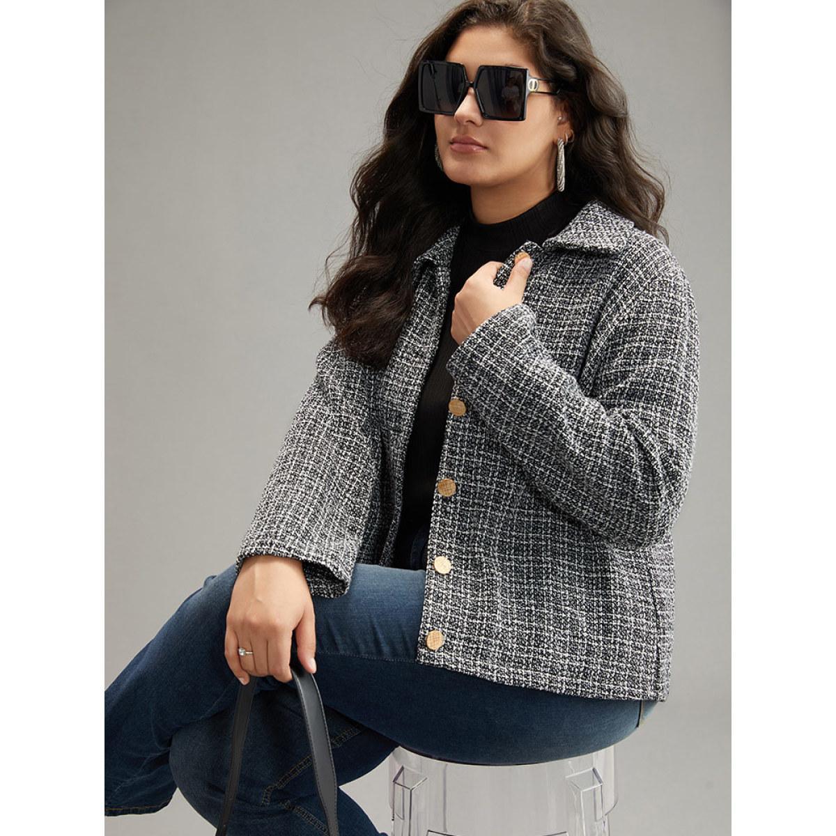 Plus Size Gingham Texture Lapel Collar Metal Detail Jacket Women Black Elegant Texture Ladies Everyday Winter Coats BloomChic 26/4X Product Image