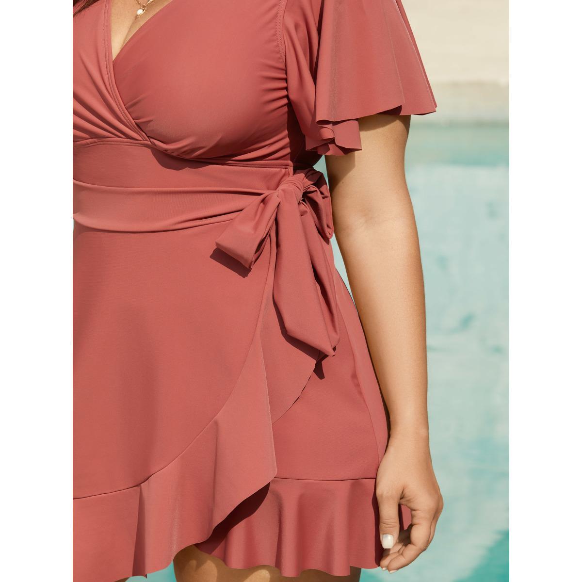 Plus Size Side Tie Ruffled Tiered Swim Dress Women's Swimwear Rust Beach Bodycon Overlap Collar High stretch Curve Swim Dresses BloomChic 14-16/1X Product Image