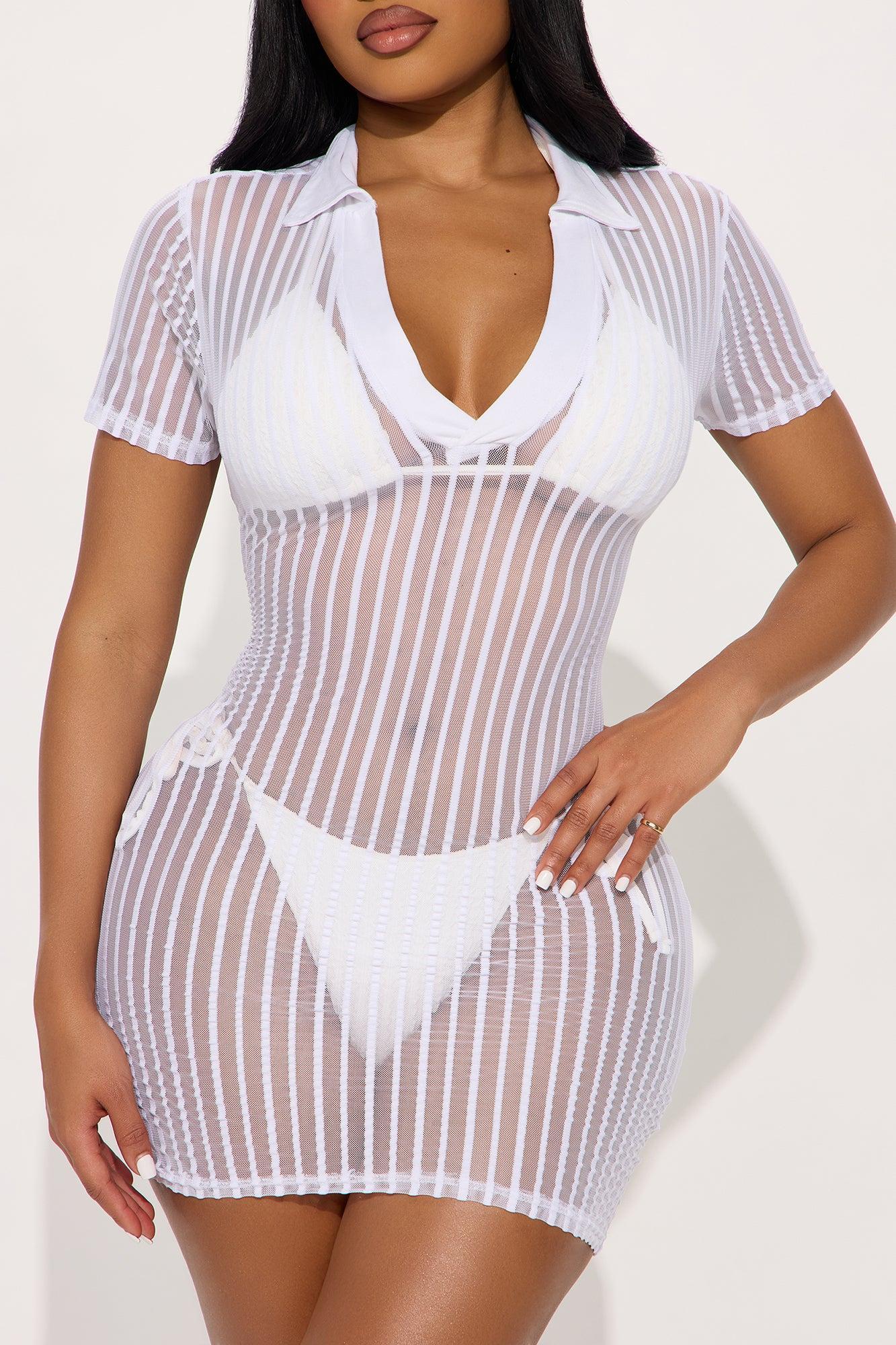 Palm Shade Stripe Collared Cover Up Mini Dress - White Product Image