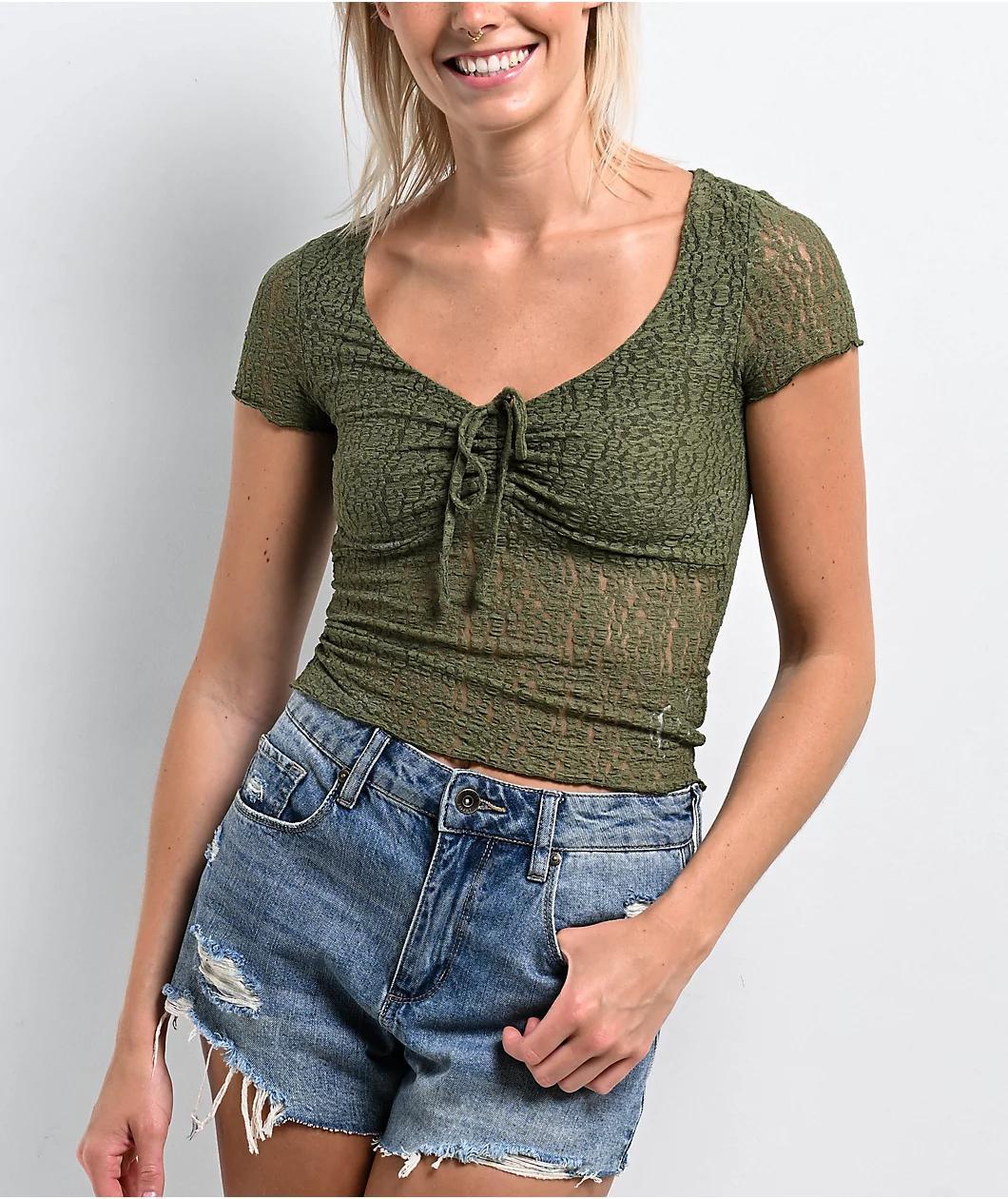 Freeworld Fancy Lace Olive Top Product Image