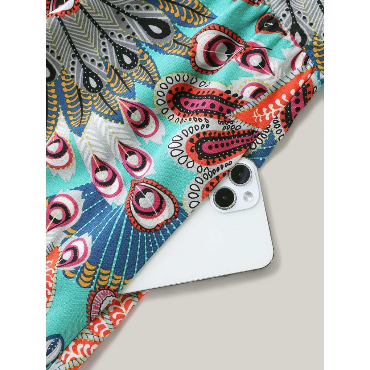 Plus Size Boho Floral Print Pockets Midi Dress Turquoise Women Drawstring V-neck Sleeveless Curvy BloomChic 26/4X Product Image