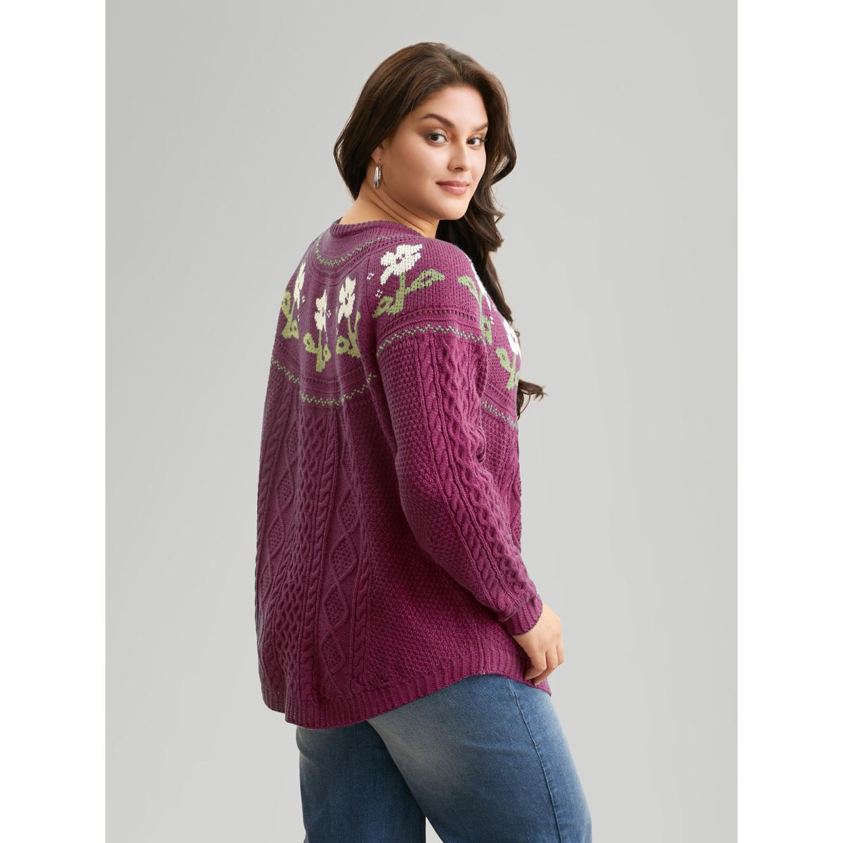 Plus Size Floral Jacquard Raglan Sleeve Pullover RedViolet Women Casual Long Sleeve Round Neck Everyday Pullovers BloomChic 26/4X Product Image