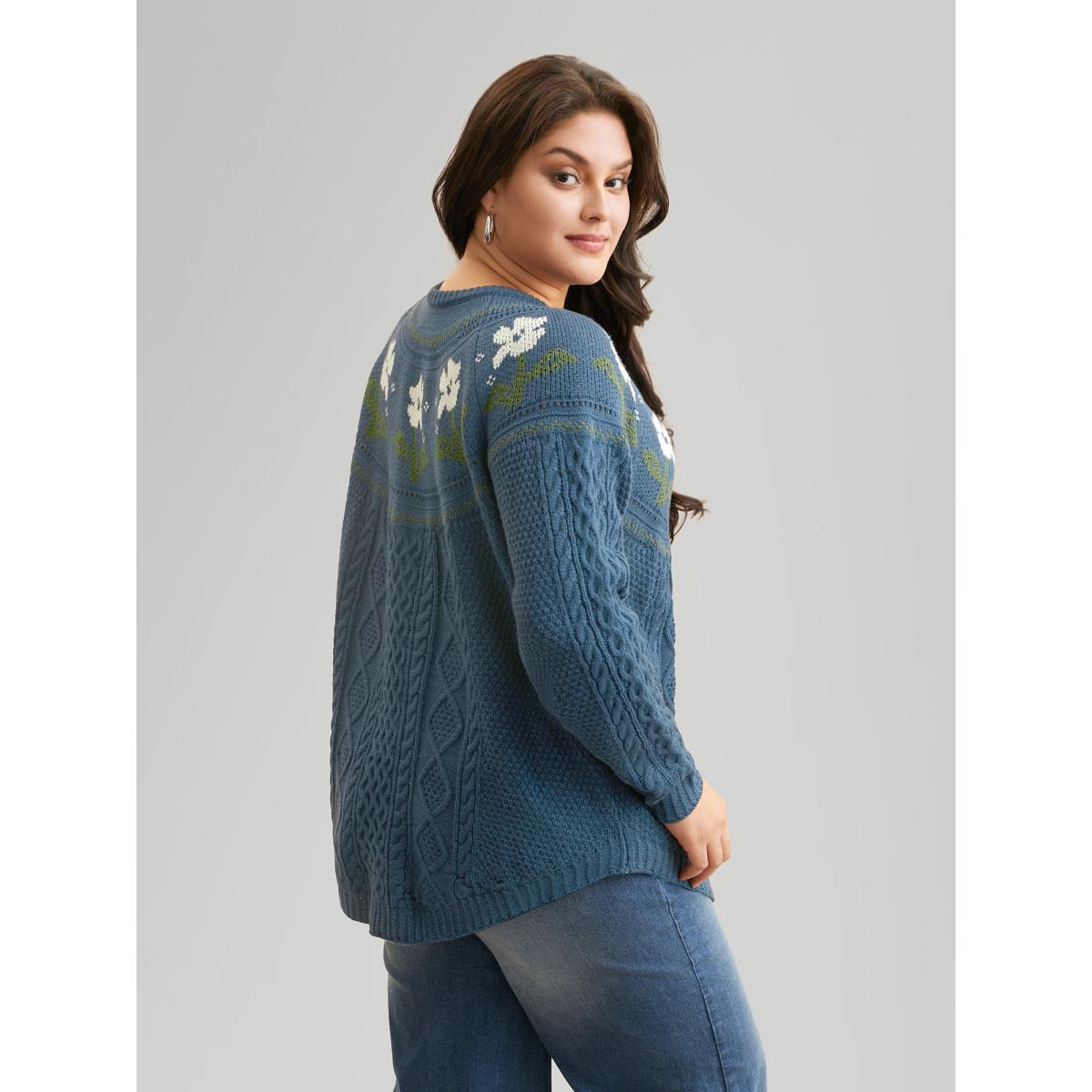 Plus Size Floral Jacquard Raglan Sleeve Pullover Cerulean Women Casual Long Sleeve Round Neck Everyday Pullovers BloomChic 14-16/1X Product Image