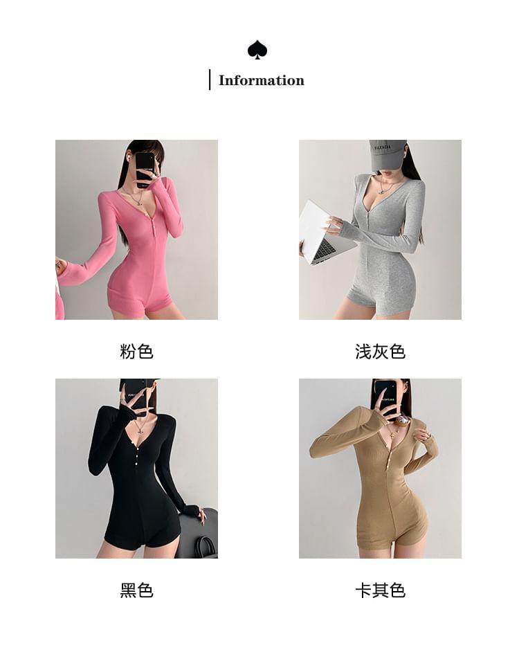 Long-Sleeve V-Neck Plain Romper  Product Image