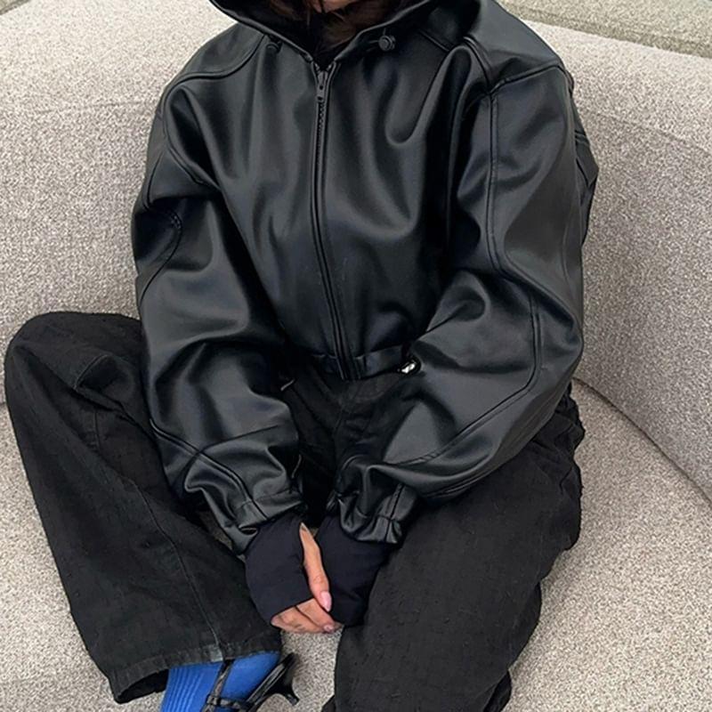 Faux Leather Hooded Zip-Up Crop Jacket Product Image