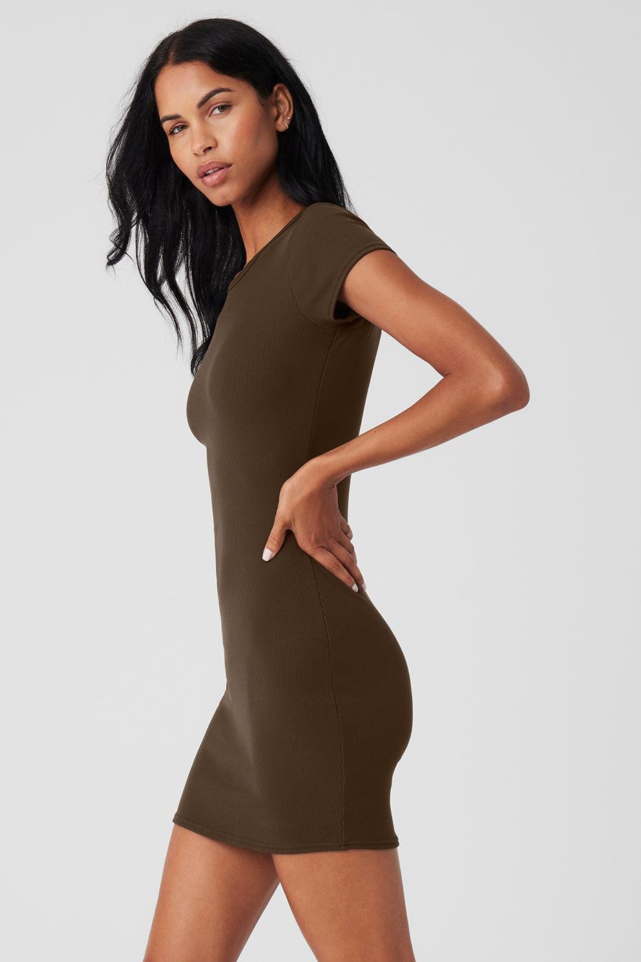 Goddess Ribbed Short Sleeve Dress - Espresso Product Image