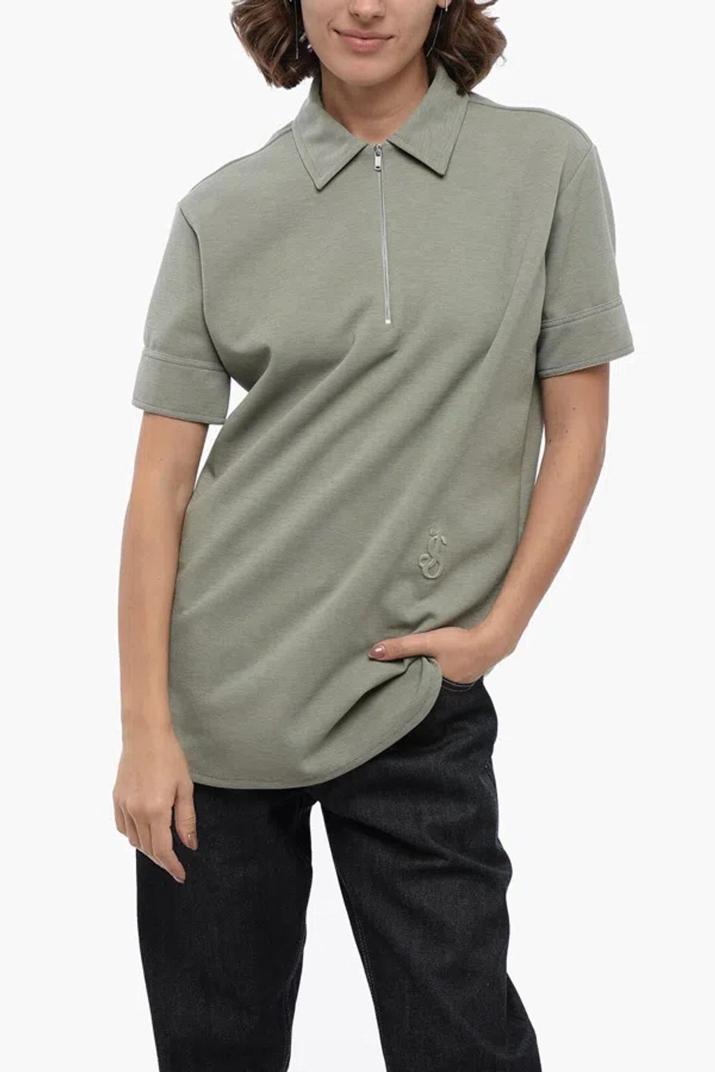JIL SANDER Half Zipped Cotton Blend Polo In Green Product Image