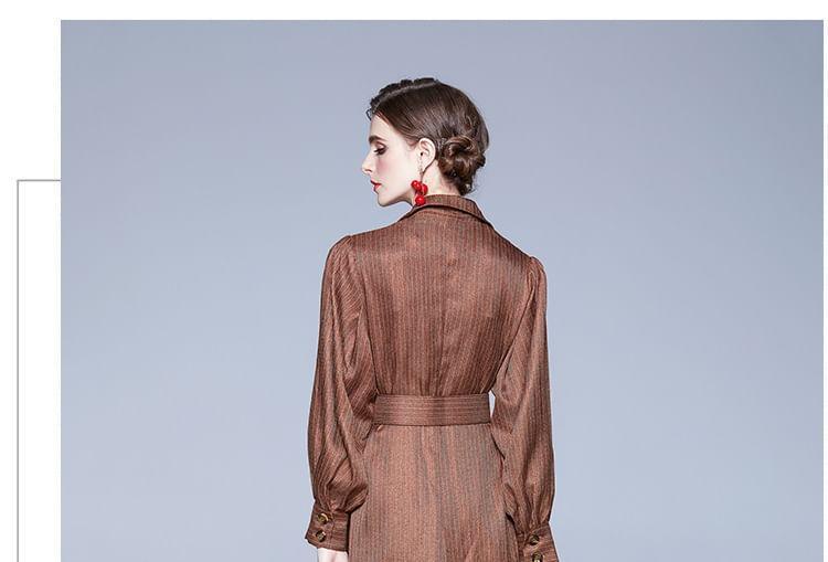 Long Sleeve Collared Pinstriped Double Breasted Belted Midi A-Line Dress Product Image