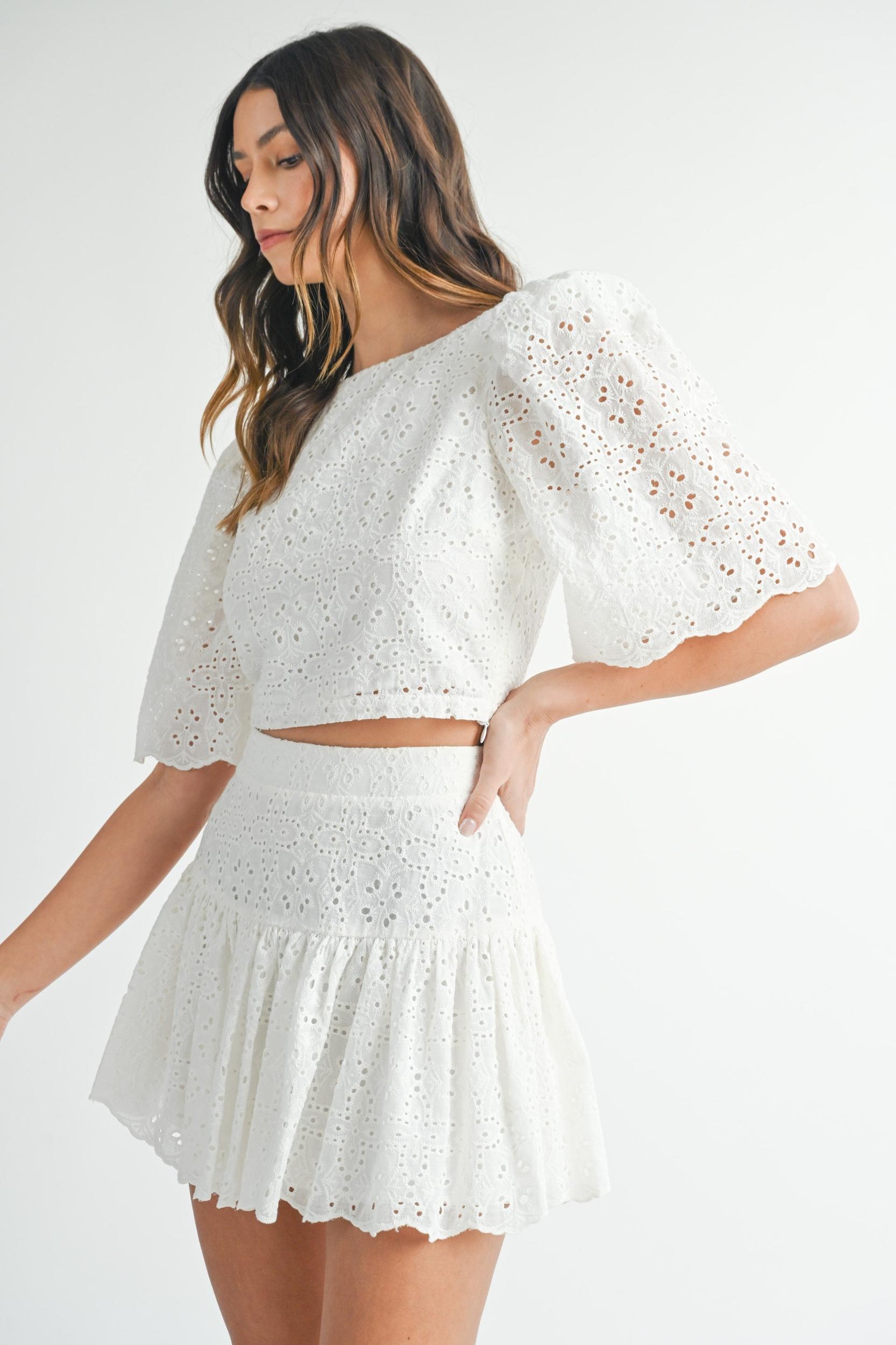 Eyelet Lace Puff Sleeve Crop Top & Skirt Set Product Image