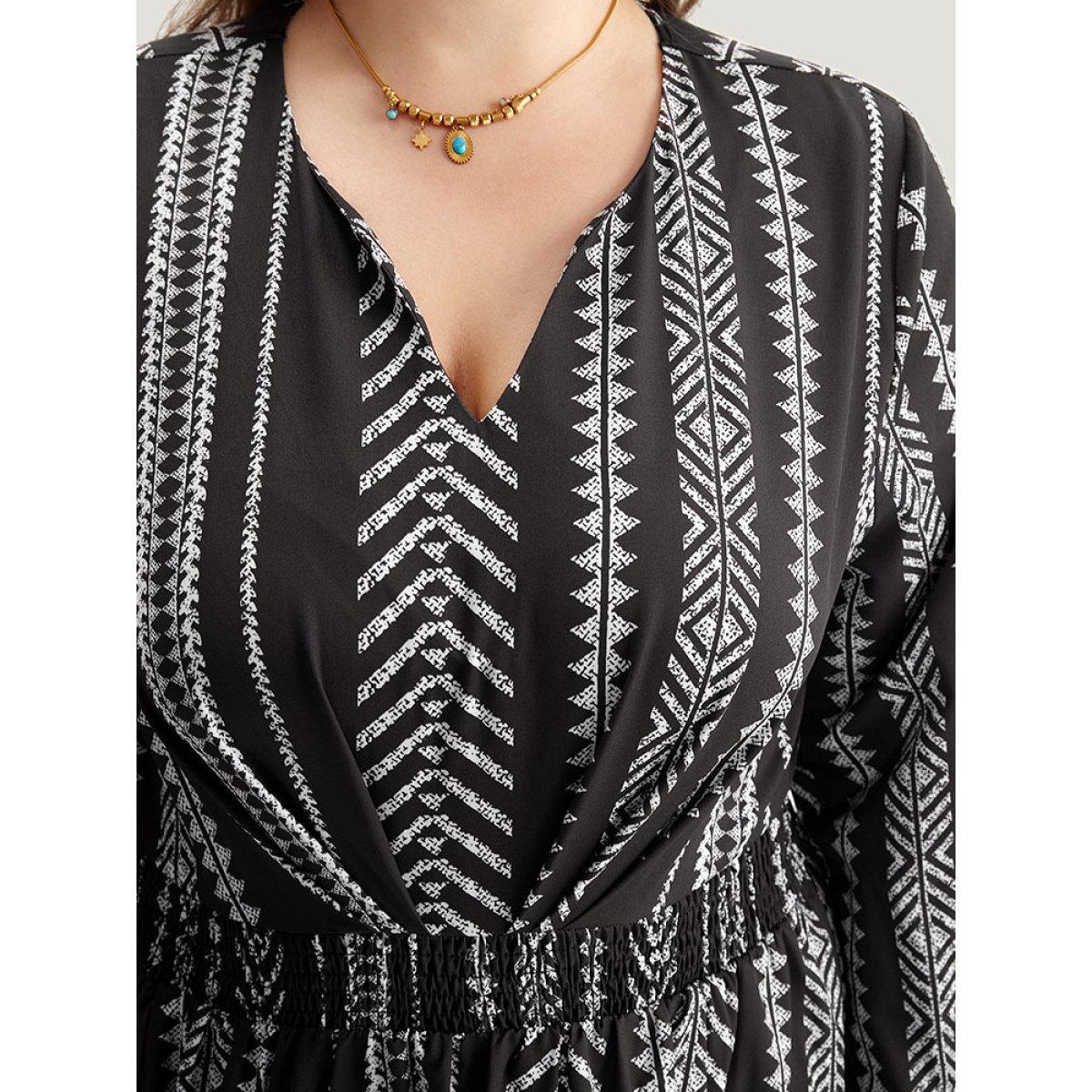 Plus Size Striped Boho Print Shirred Split Hem Dress Black Women Resort Elastic cuffs Notched collar Long Sleeve Curvy Midi Dress BloomChic 30/6X Product Image