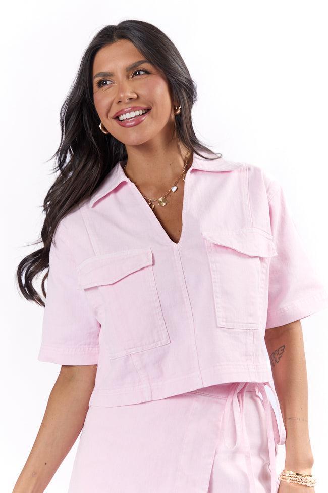 New Ways Soft Pink Cropped Denim Top Product Image