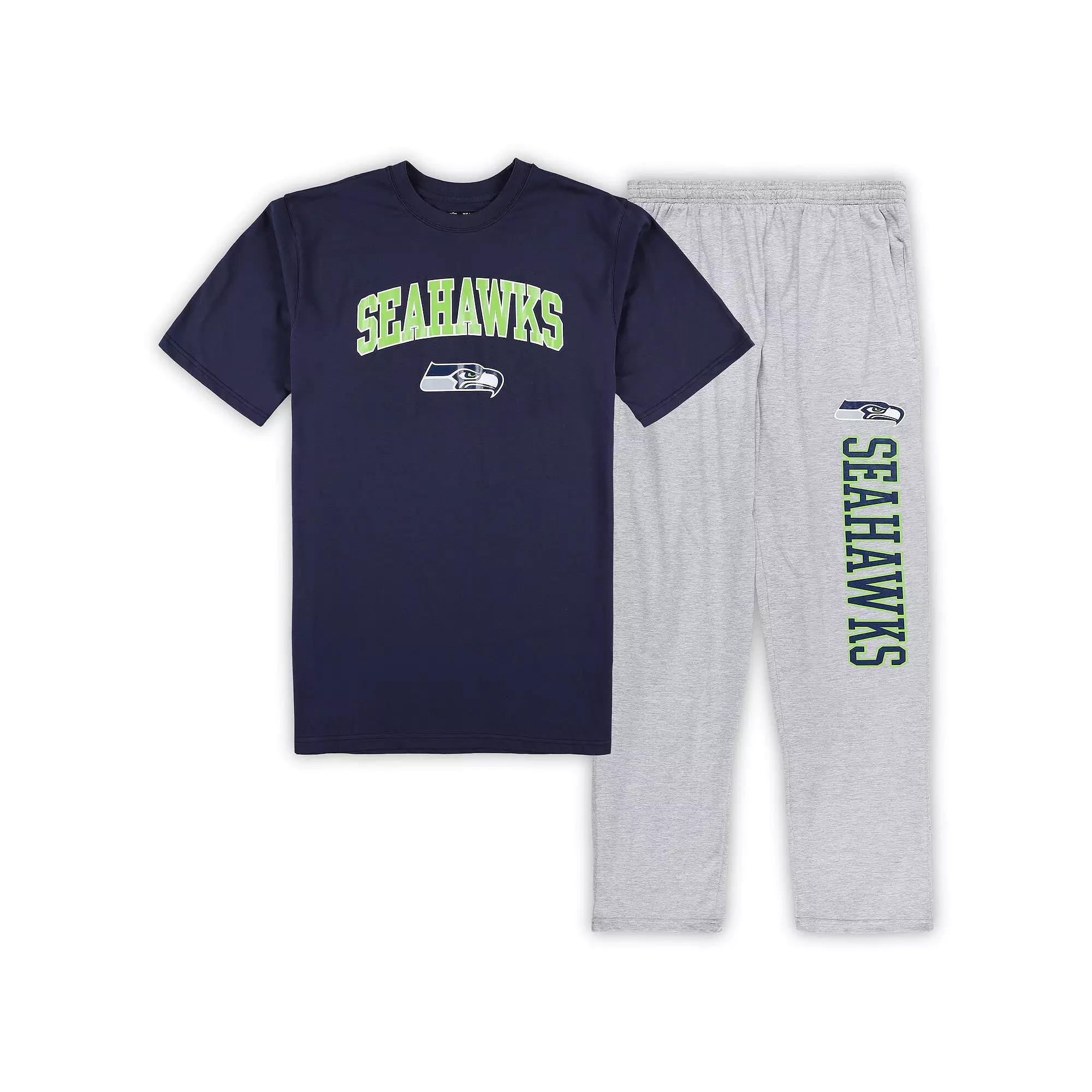 Men's Concepts Sport College Navy/Heather Gray Seattle Seahawks Big & Tall T-Shirt & Pajama Pants Sleep Set, Size: 3XLT, Blue Product Image