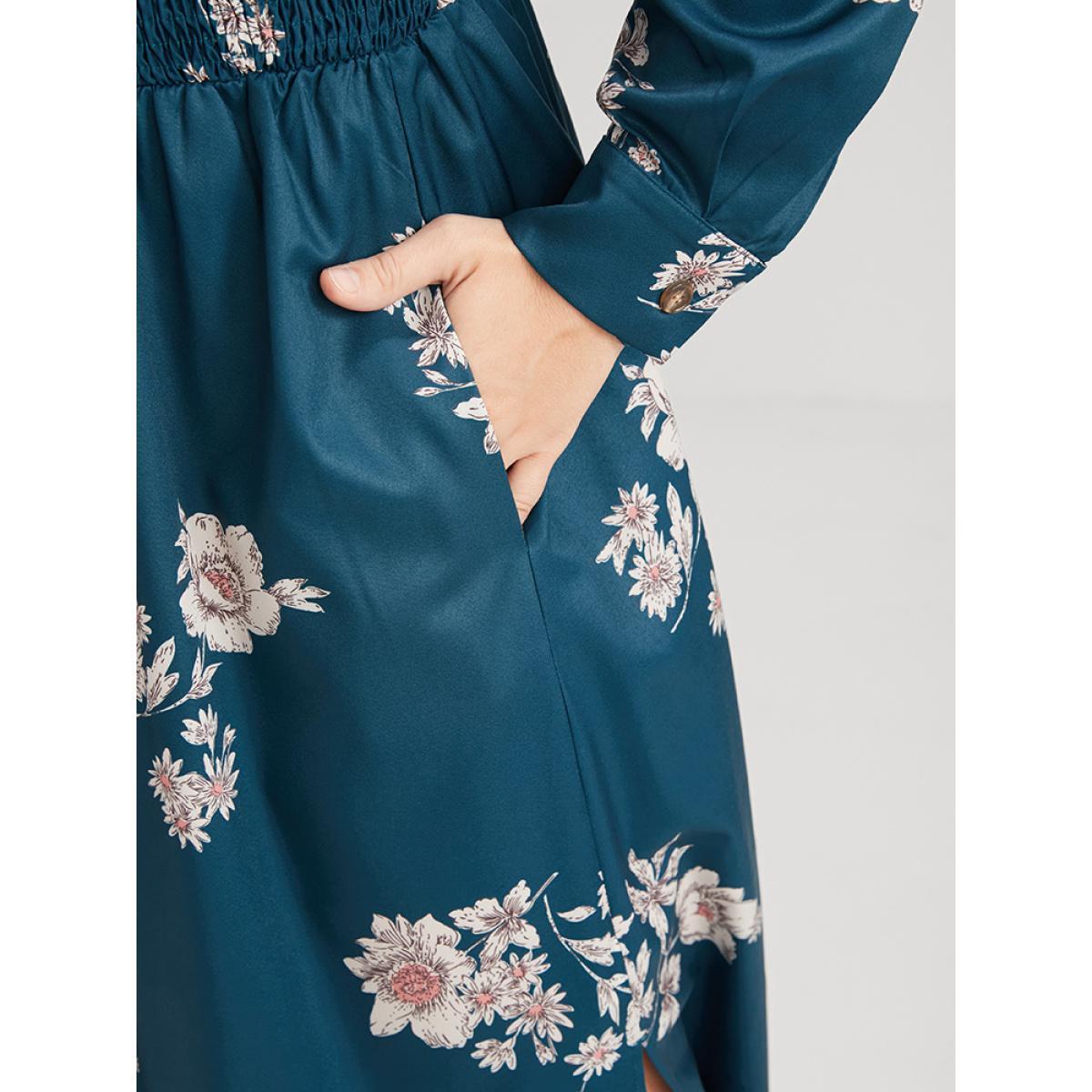 Plus Size Floral Button Up Pocket Split Shirred Shirt Collar Dress Aegean Women Elegant Printed Shirt collar Long Sleeve Curvy Midi Dress BloomChic 28/5X Product Image