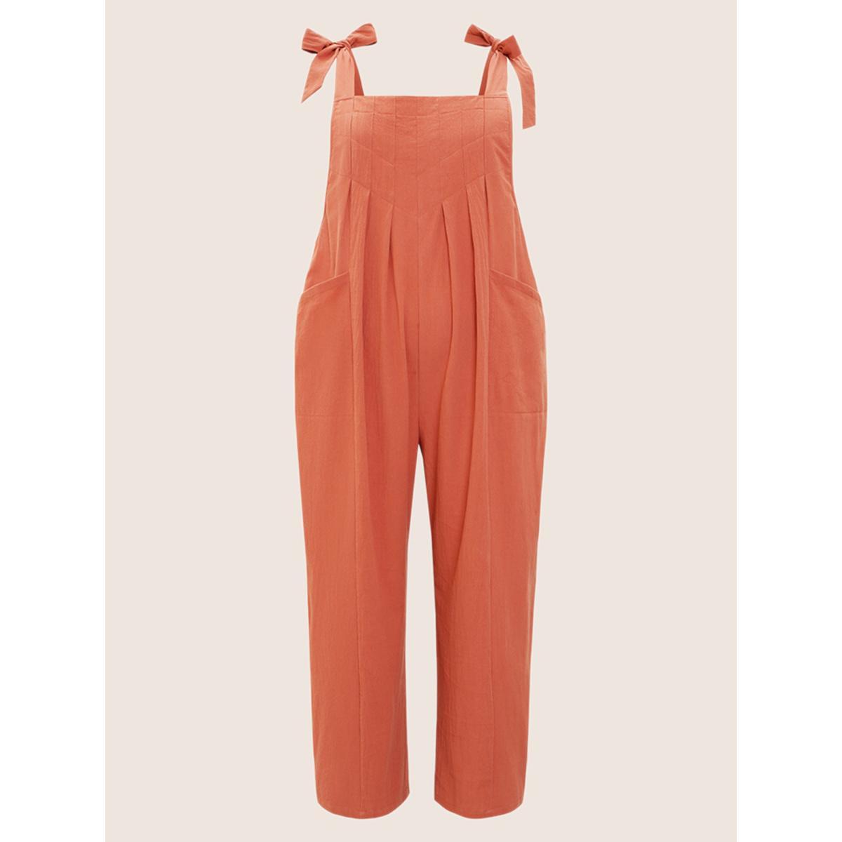 Plus Size Rust Solid Pleated Detail Pocket Knotted Shoulder Overall Jumpsuit Women Casual Sleeveless Non Everyday Loose Jumpsuits BloomChic 14-16/1X Product Image