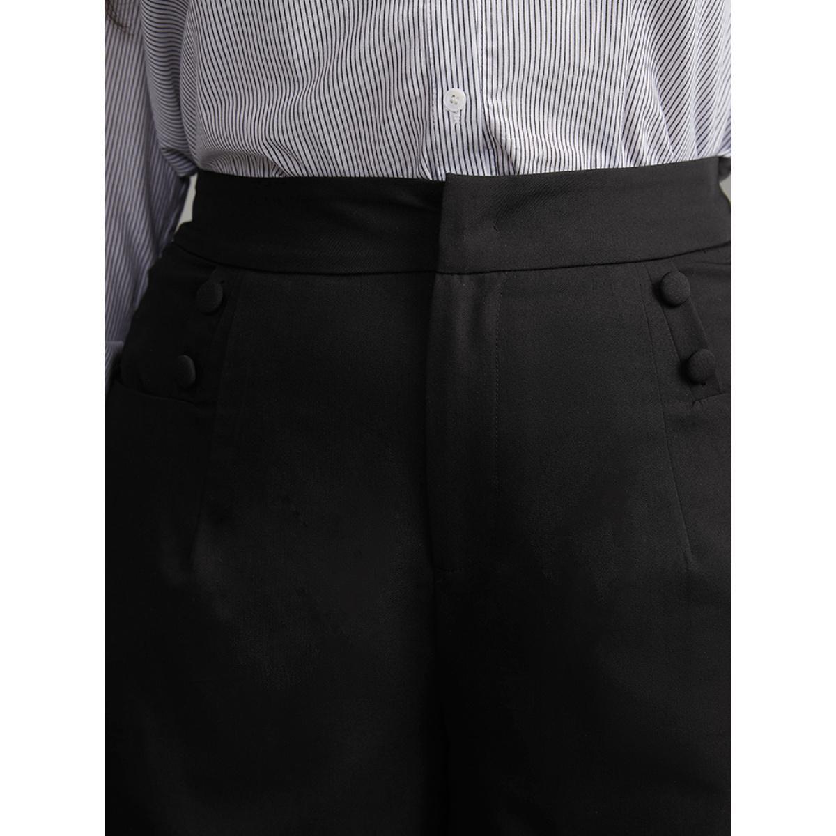 Plus Size Solid Button Detail Wide Leg Pants Women Black Workwear Essentials Wide Leg High Rise Work Pants BloomChic 10/M Product Image