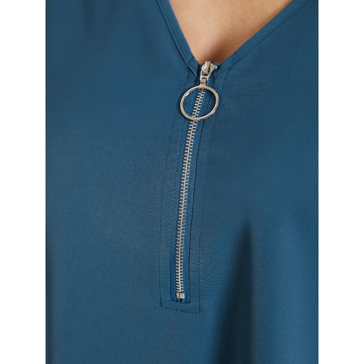 Plus Size Cerulean Solid Half Zipper Split Petal Sleeve Blouse Women Office Half Sleeve V-neck Work Blouses BloomChic 30/6X Product Image