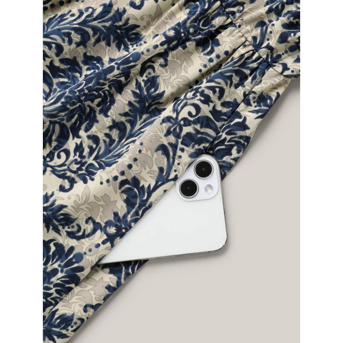 Plus Size Ornate Print Curvy Hem Tied Maxi Dress Navy Women Resort Tie knot V-neck Short sleeve Curvy BloomChic 28/5X Product Image