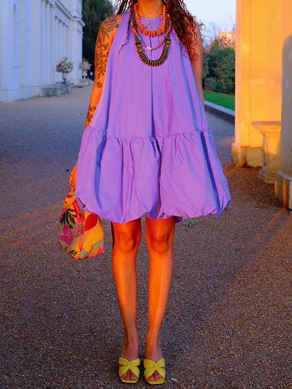 High Waisted Loose Pleated Solid Color Round-Neck Mini Dresses Product Image