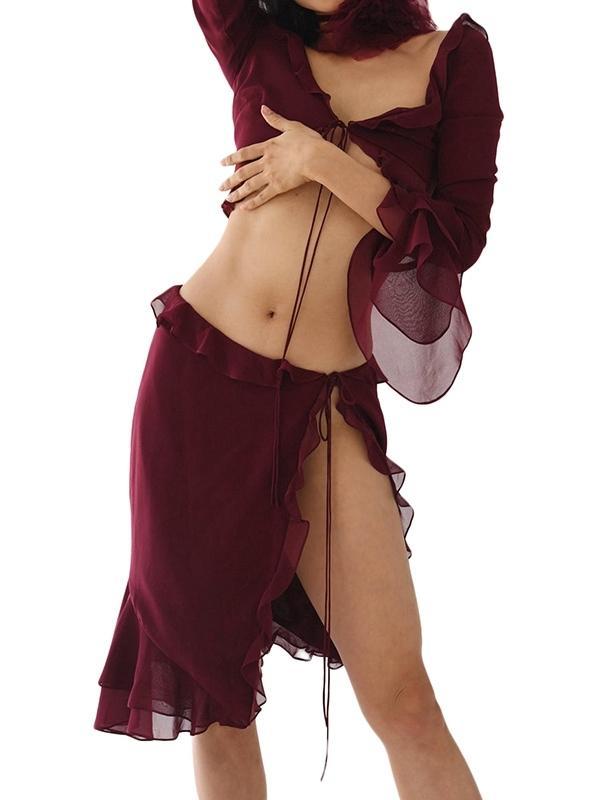 Chiffon Ruffled Trim Tie Front Long Sleeve Tee & Split Skirt Set Product Image
