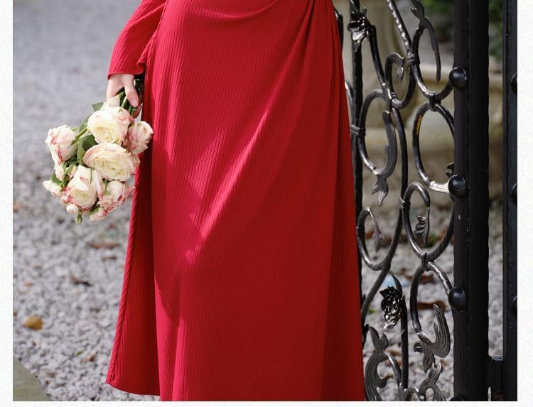 Long Sleeve V-Neck Plain Ruffle Ruched Maxi A-Line Dress Product Image