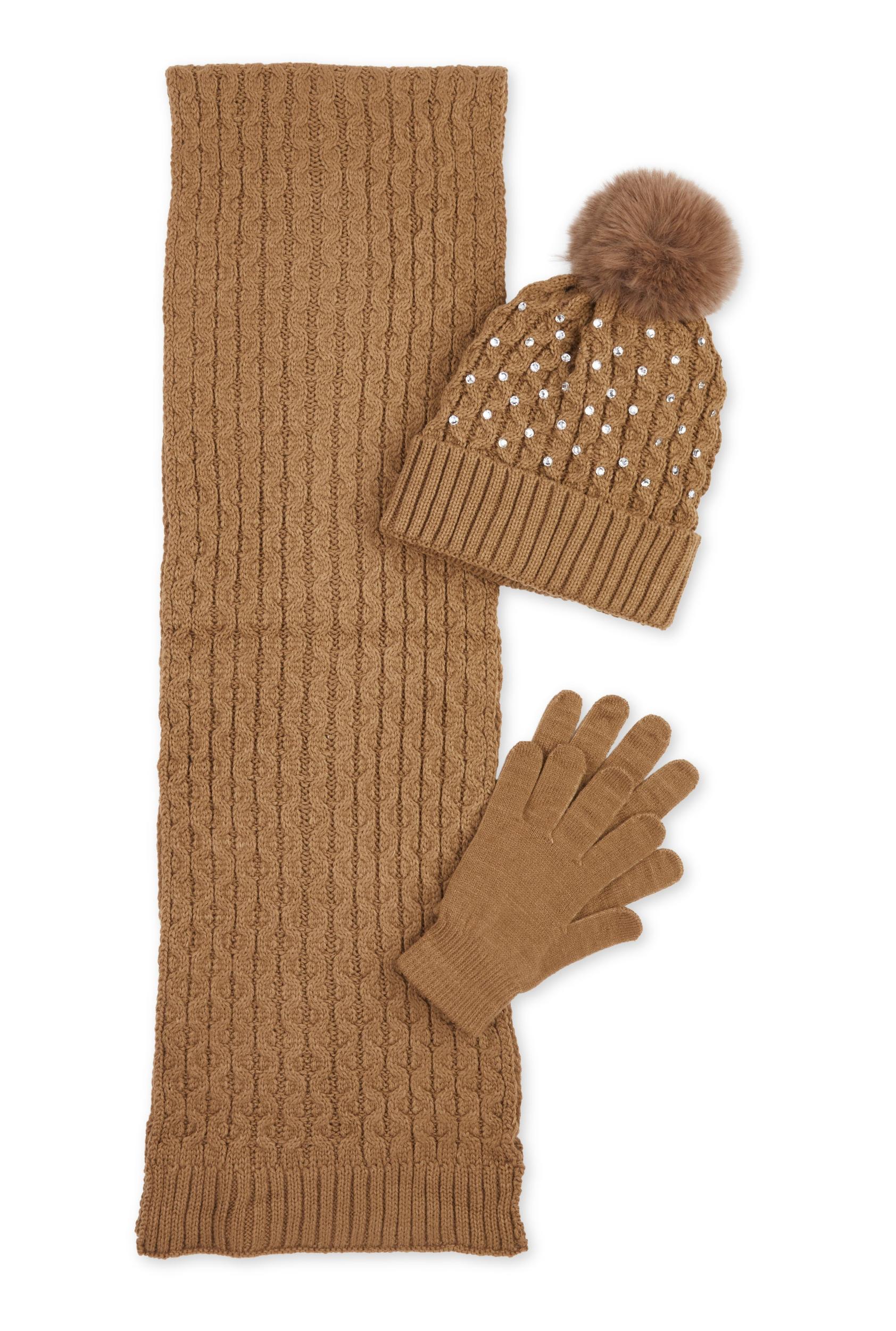 Womens Rhinestone Beanie with Cable Knit Scarf and Gloves Product Image