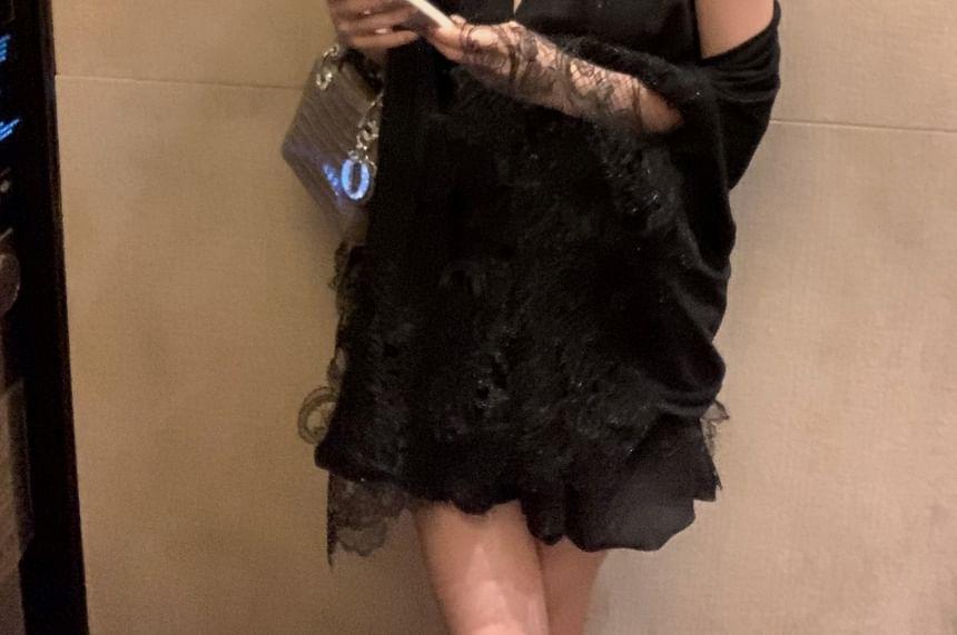 Halter V-Neck Plain Rhinestone Mini A-Line Dress / Lace Scarf Product Image