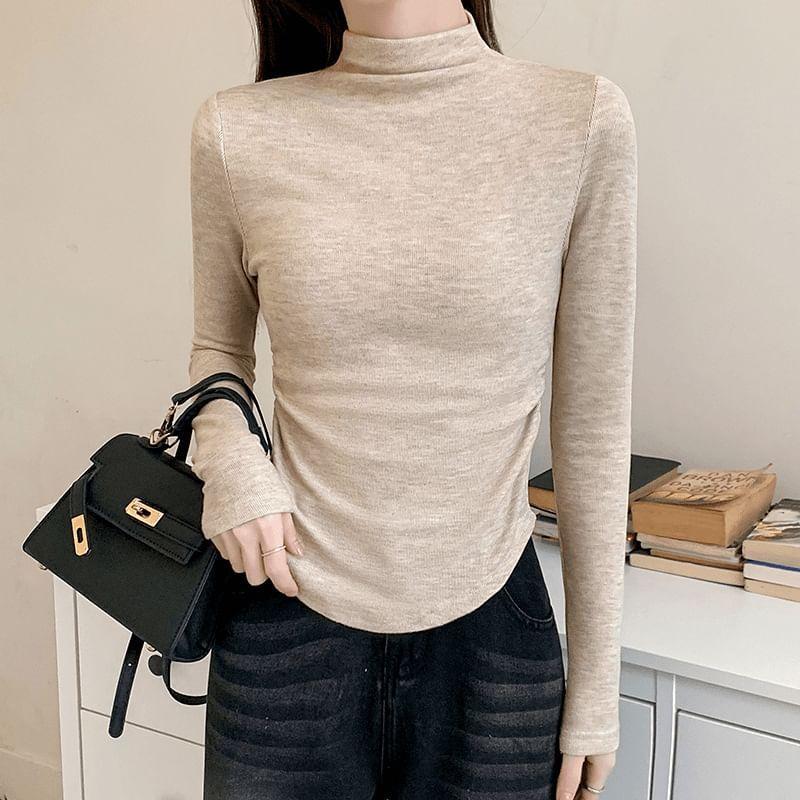 Long Sleeve Turtleneck Plain Ruched T-Shirt Product Image
