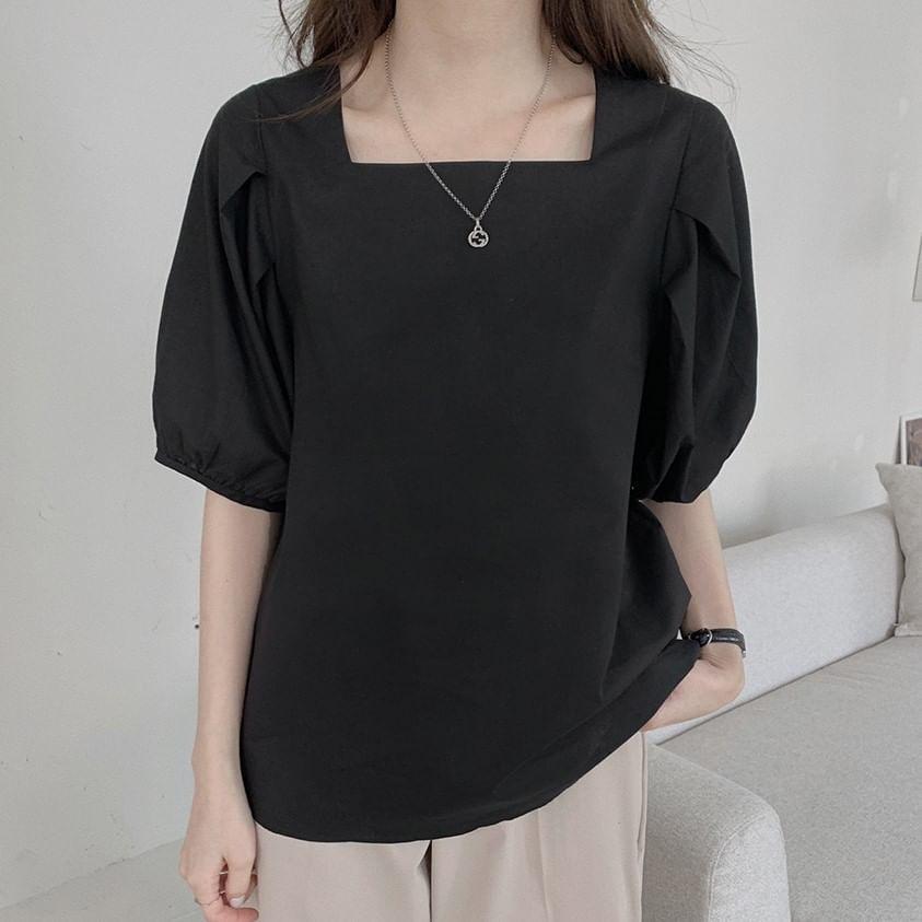 Elbow-Sleeve Square Neck Plain Blouse Product Image