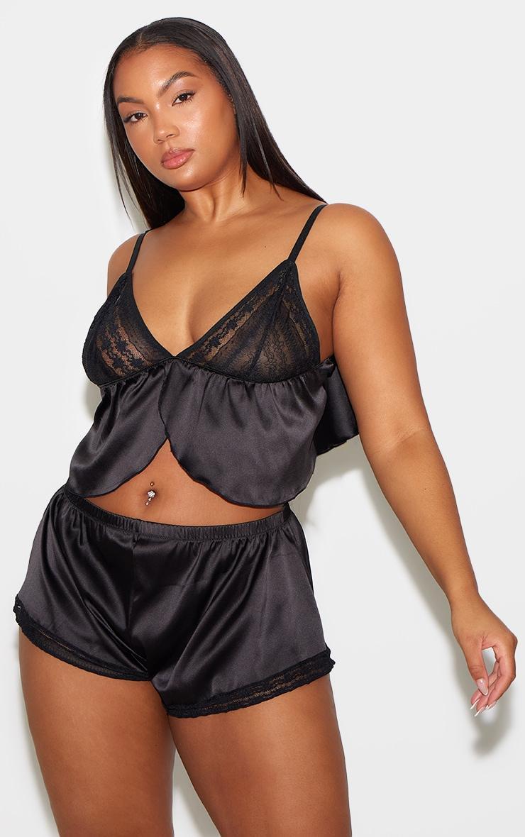 Plus Black Satin Lace Cami Short Textured PJ Set Product Image