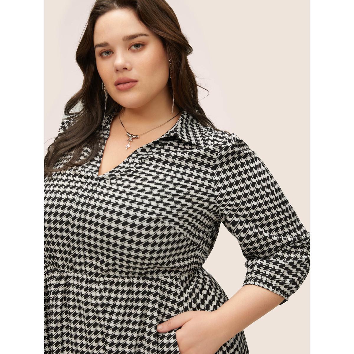 Plus Size Geometric Colorblock Lapel Collar Elastic Waist Dress Black Women At the Office Non Lapel Collar Elbow-length sleeve Curvy Midi Dress BloomChic 18-20/2X Product Image