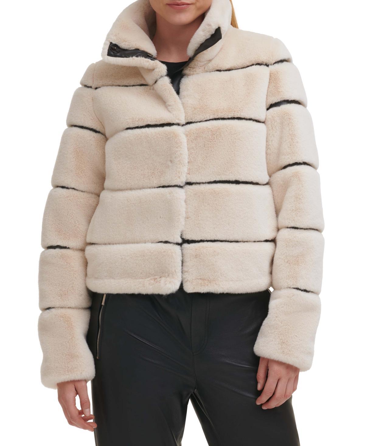 Karl Lagerfeld Paris Womens Faux-Leather Trim Faux-Fur Short Coat Product Image