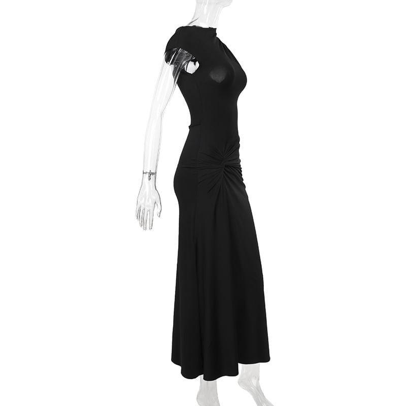 Short-Sleeve Asymmetrical Neck Plain Ruched Side-Slit Maxi Sheath Dress Product Image