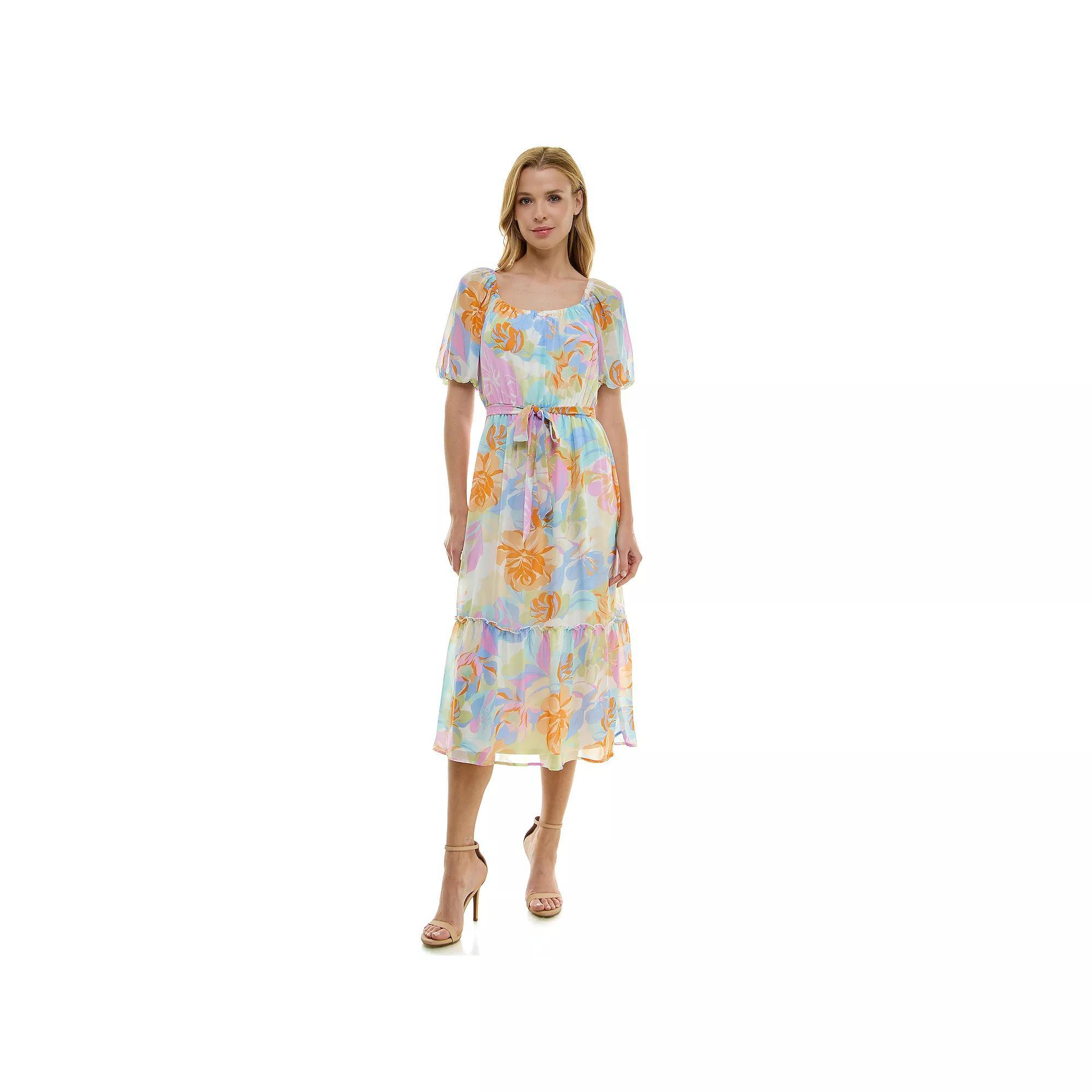 Women's Luxology Puff Sleeve Floral Maxi Dress, Size: Large, Orange Lilac Aqua Product Image