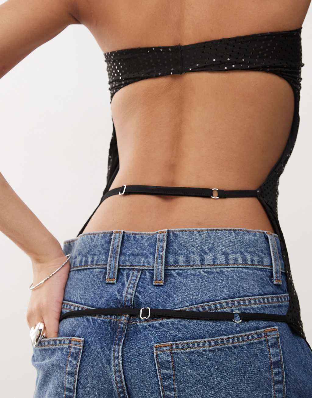 COLLUSION halter neck backless top in retro sequin in black Product Image