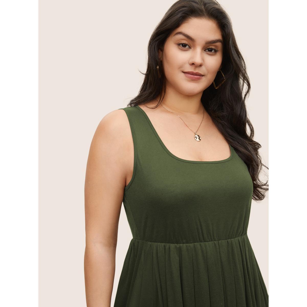 Plus Size Supersoft Essentials Solid Gathered Tank Dress ArmyGreen Women Basics Non U-neck Sleeveless Curvy Midi Dress BloomChic 14-16/1X Product Image