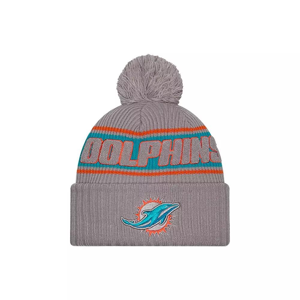 Men's New Era  Gray Miami Dolphins 2024 Sideline Sport Cuffed Knit Hat with Pom, Grey Product Image