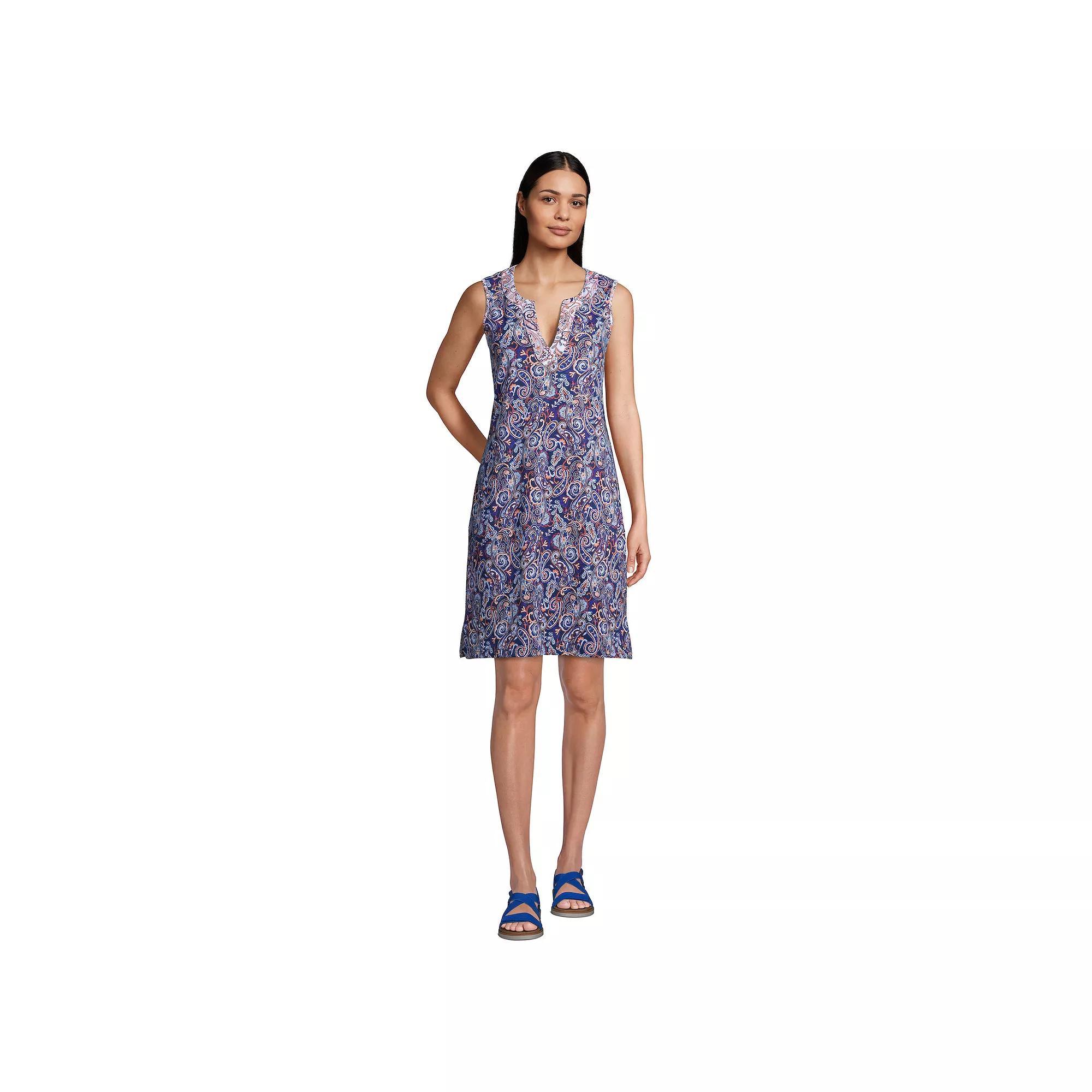Women's Lands' End Splitneck Swim Cover-Up Dress, Size: Medium, Navy White Paisley Product Image